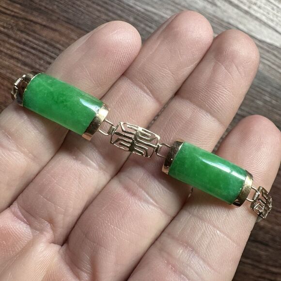 Vintage 14K SOLID GOLD and Green Jadeite Panel Link Bracelet 9.3g, 14kt Yellow - Picture 14 of 16